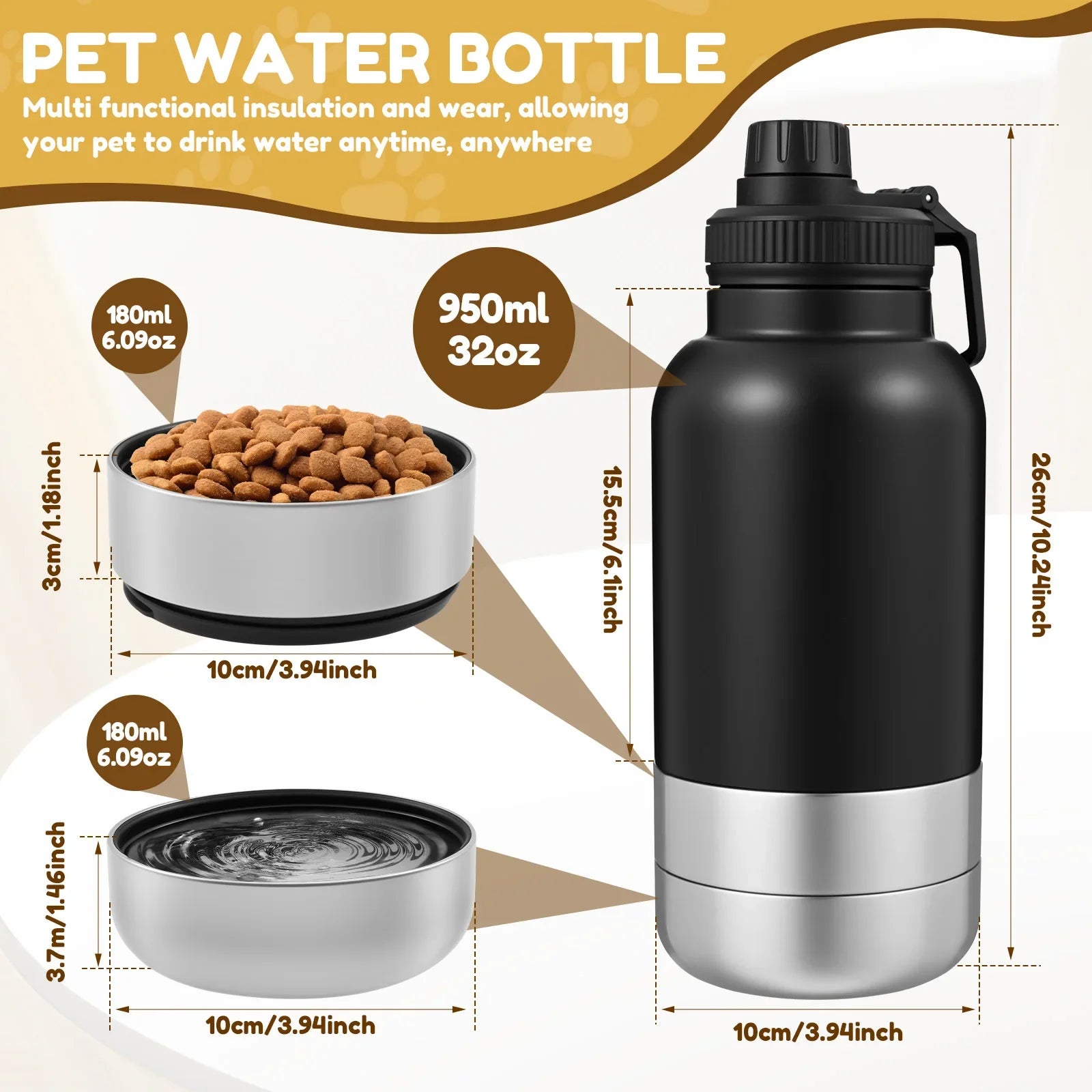 32 oz Capacity Portable Dog Water Bottle 3 in 1 Leak Proof Dog Travel Water Bottle with 2 Detachable Bowls for Walking Hiking