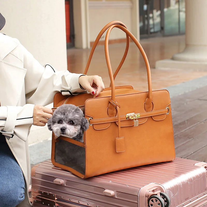 Leather Pet Carrier Bag Breathable Handbag