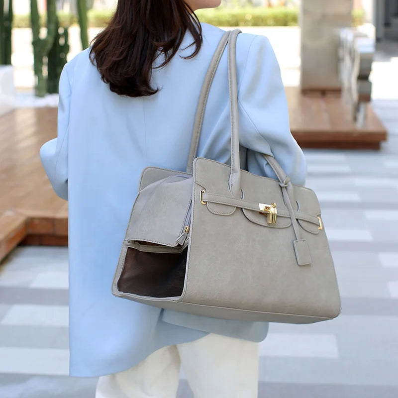 Leather Pet Carrier Bag Breathable Handbag
