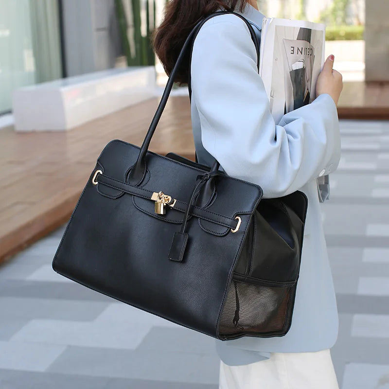 Leather Pet Carrier Bag Breathable Handbag